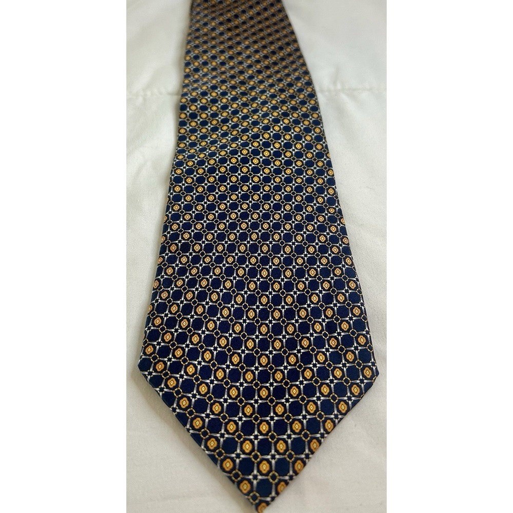 Vintage Sir Johnny Men's 100% Silk Tie Blue Gold White Geometric Pattern